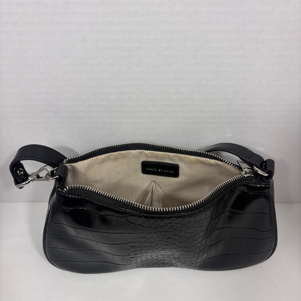 Friday by JW PEI Black Croc Embossed Vegan Leather Shoulder Bag Baguette